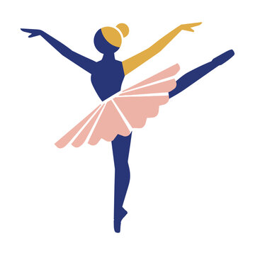 Minimalist ballerina performing an arabesque in simplified geometric shapes with a circular bun and triangular tutu on a white background, artistic dance concept