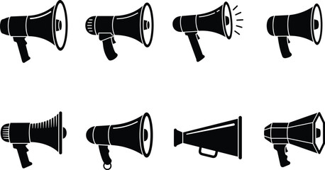 Collection of eight black megaphone silhouettes showing various handheld loudspeaker and angles © Md