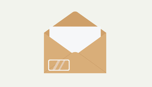 Opened brown paper mail envelope with blank white paper sheet representing message, mail delivery, and invitation.