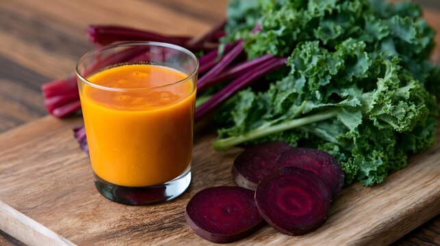 A glass of orange colored juice sits beside sliced beets and fresh kale on a wooden cutting board