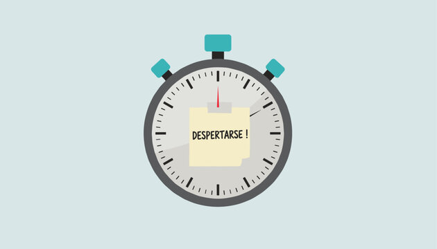 Silver stopwatch with a pale yellow sticky note displaying the Spanish word despertarse on a light blue background.