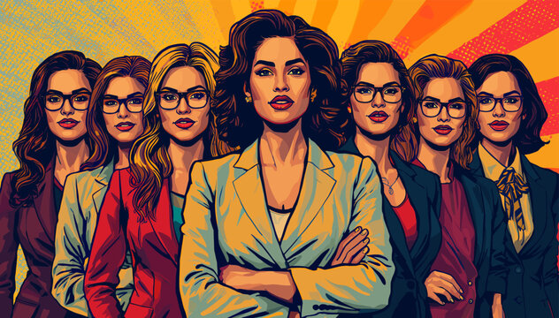 A powerful group of diverse women in business attire and glasses, depicted in a vibrant comic book style, symbolizing female leadership and empowerment.
