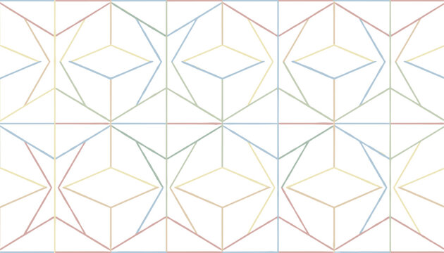 Seamless geometric pattern featuring isometric cube lines in subtle pastel shades of blue, yellow, and red on white.