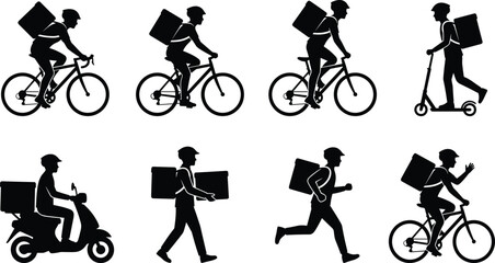 Obraz premium Set of black silhouettes of delivery workers using various transport methods like bicycles, scooters, and running, isolated on a white background