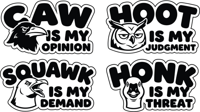 Set of four funny animal quotes with of a raven, owl, seagull, and goose on a white background