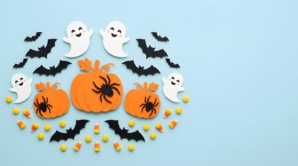 Fototapeta premium Festive halloween day layout with ghosts bats pumpkins and candy