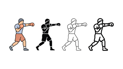 Obraz premium Boxer punching in various flat and outline vector styles illustration set