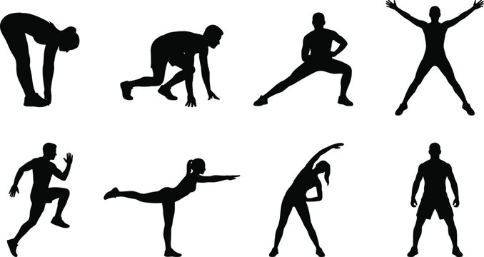 Fitness Exercise Silhouette Vector Collection, Stretching, Running, Lunges, Balance, Jumping, Warm Up Workout Poses, Active People Icon Set