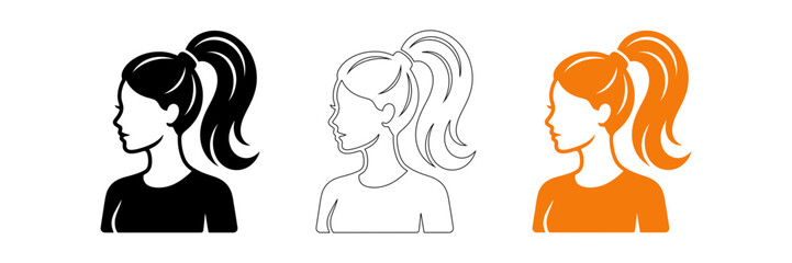 Elegant woman profile variations black outline and orange designs for branding and cosmetic applications © Mdroy5826