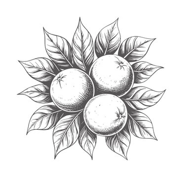 Of three oranges with leaves in a circular arrangement fruit leaf vintage botanical