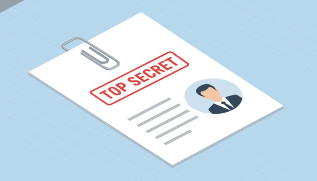 Top secret document paper containing a profile photo and secured with a metal paperclip, isometric vector.