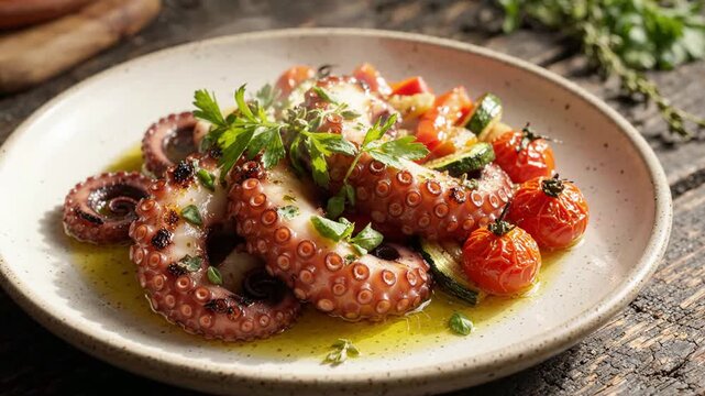 Grilled Octopus with Roasted Vegetables and Herbs