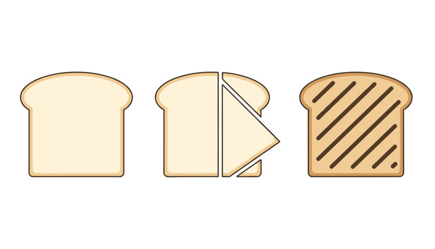 Three different types of sliced toast bread showing plain, cut, and grilled options on white background.