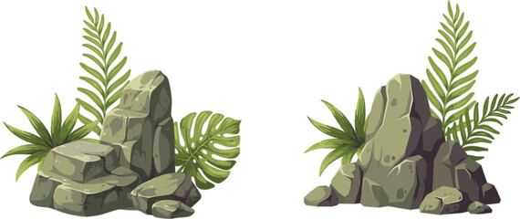 Decorative rock formations with tropical plants, nature landscape vector illustration isolated garden design element collection set © MASUMA