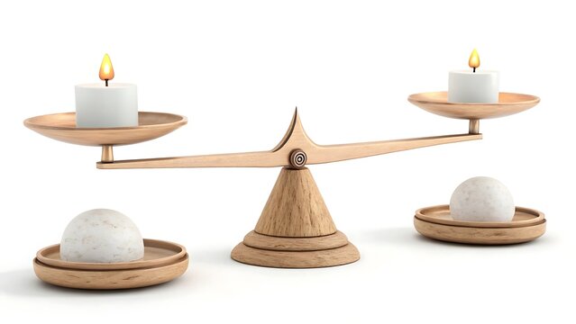 Wooden balance scale with white candles for mindfulness and zen, meditation