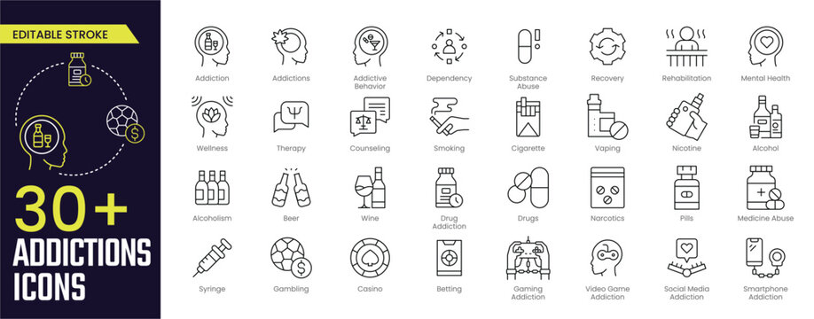 Addictions Stroke icon collections. Containing addiction, addictions, addictive behavior, dependency, recovery, rehabilitation, and mental health icons. Editable Stroke icon collection Outline icon