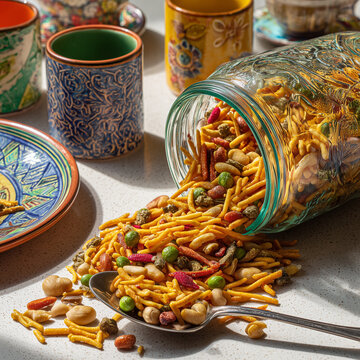 Premium Indian Namkeen Mixture Spilled from Glass Jar &ndash; Traditional Savory Snack with Dry Fruits