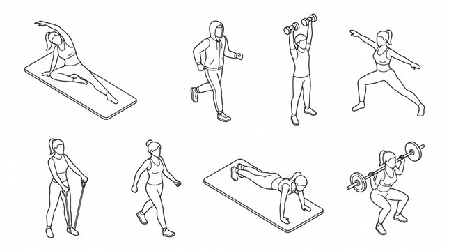 Isometric people fitness workout outline vector icon set for gym and architectural rendering