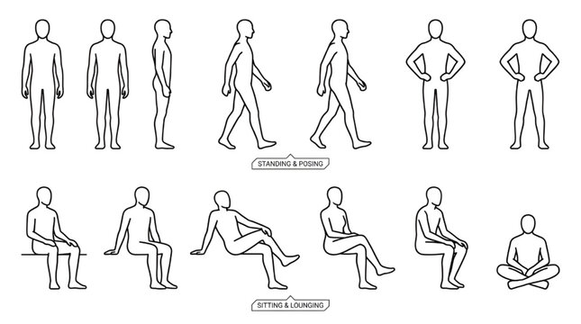  Front side back view standing and sitting people figures outline vector set for architectural rendering