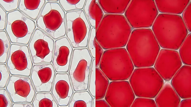 Plasmolysis and turgor in red onion plant cells.