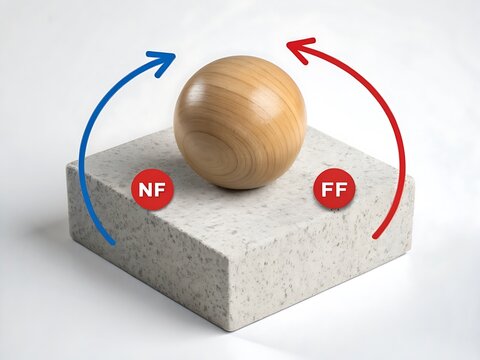 Wooden sphere on stone block with circular arrows and nf ff labels, circular