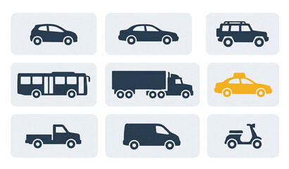 Naklejka premium Minimal Vehicle Transport Icons Set Flat Style Cars Commercial and City Transport Pictogram Vector Pack