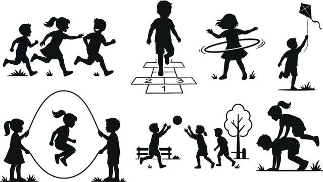 Black silhouettes of children playing classic outdoor playground games including hopscotch, jump rope, kite flying, hula hoop, leapfrog, and ball catch under tree