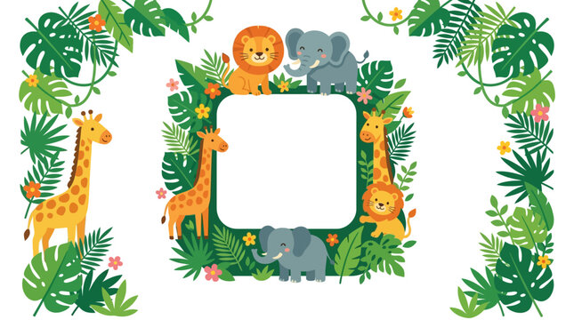 Cute Safari Animals Frame with Jungle Leaves and Flowers