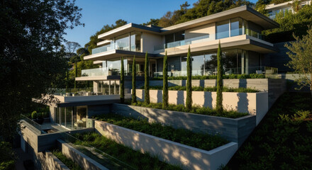 Fototapeta premium Modern Luxury Mansion With Lush Green Terraced Gardens And Panoramic Views