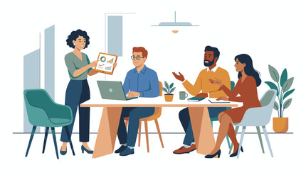 Fototapeta premium Diverse group of people having a meeting in office setting with laptop and documents teamwork and collaboration concept.