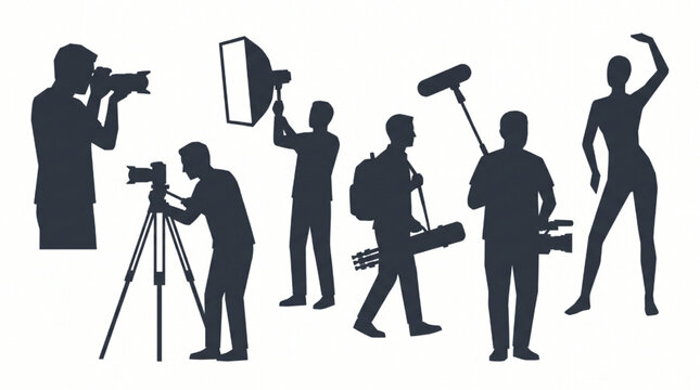 Film crew and photographer silhouettes set with camera operators lighting technician and model vector