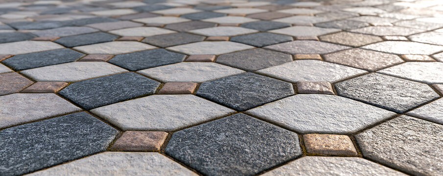 Modern geometric stone paving with interlocking gray and brown tiles