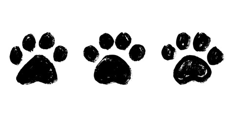 Set of three hand drawn animal paw prints isolated on white background, black ink texture style, vector illustration of dog or cat footprints, creative pet design element © Flux Shift