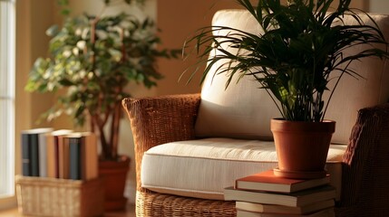 Fototapeta premium Cozy armchair reading corner highlighted under warm afternoon light with stacked novels and potted plant creating a warm practical scene