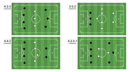 Top view soccer field set, tactical football pitch layouts with 4-3-3, 4-4-2, 3-5-2 and 4-2-3-1 formations, coaching board strategy diagram, editable vector isolated on transparent background © Palash