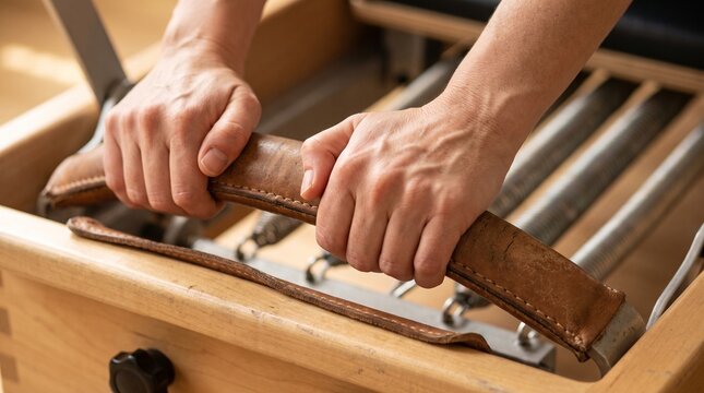 Close-up of Hands Gripping Pilates Reformer Handles