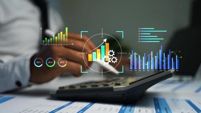Close-up of a business person using a calculator with holographic charts and graph animation on the screen, Business financial analysis budgeting data review and office planning on printed reports
