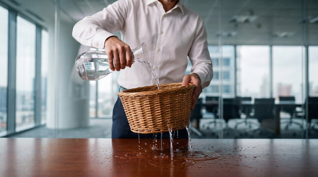 Businessman pouring water into a wicker basket leaking on the table, representing financial waste and inefficient business strategies.