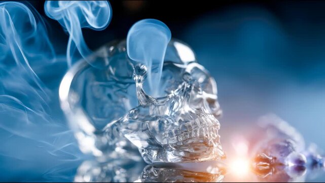 Transparent glass skull surrounded by curling smoke and dramatic light, representing death, toxic pollution, environmental danger, and mortality