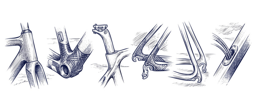 Bicycle carbon frame details sketch showing mechanical components of road bike in vintage engraving style. Technical drawing of cycle chassis, seatpost, bottom bracket, dropout and cable routing port.