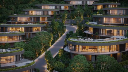 Fototapeta premium Modern Hillside Luxury Apartments with Green Rooftops at Dusk