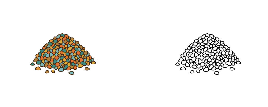 Glass frit heap illustrations in colorful flat cartoon and black line styles representing raw materials for glassmaking isolated on white background with text