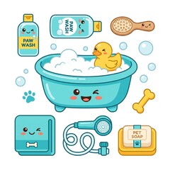 Naklejka premium Whimsical Pet Bath Tub and Bubble Soap Foam Clipart Sheet