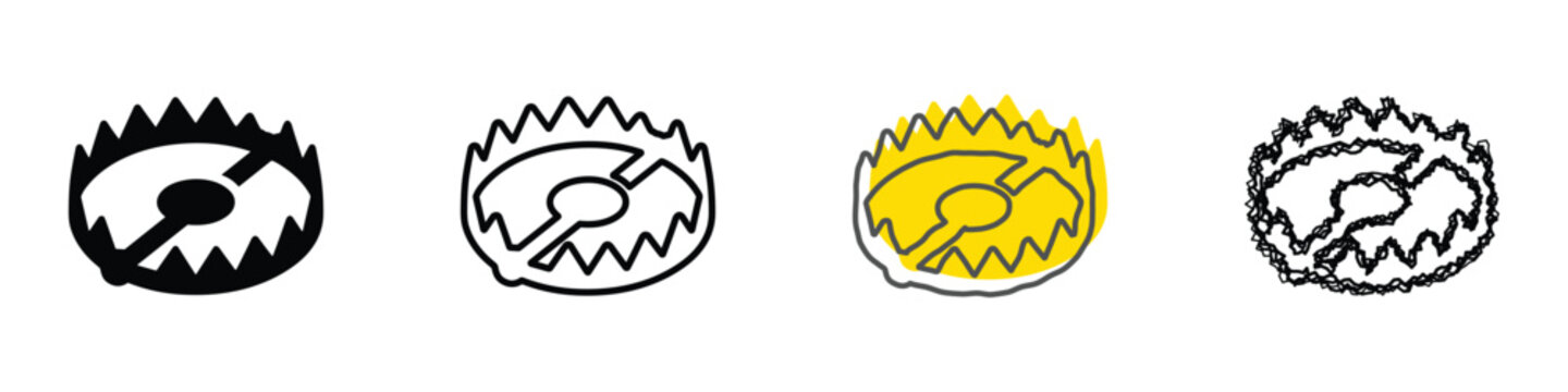 A collection of four distinct visual representations of a bear trap, showcasing different artistic styles and levels of detail