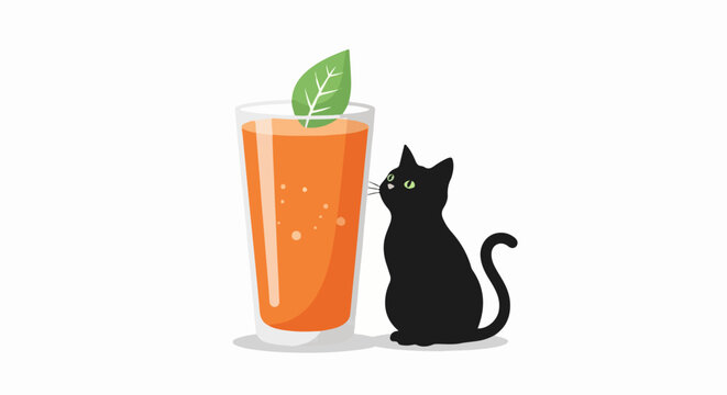Black cat beside orange drink.