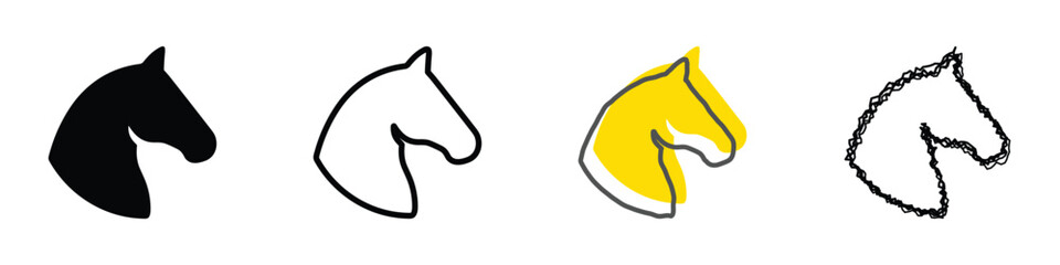 Four distinct artistic representations of a horse's head, showcasing different styles from solid silhouette to sketchy outline © Vova7