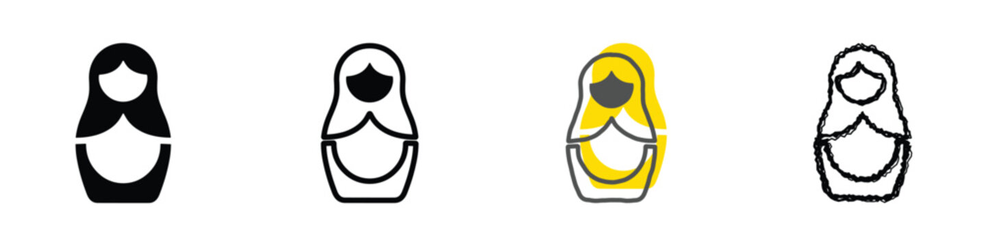 Collection of nesting doll symbols showcasing solid, outline, filled outline, and sketched variations for diverse design needs