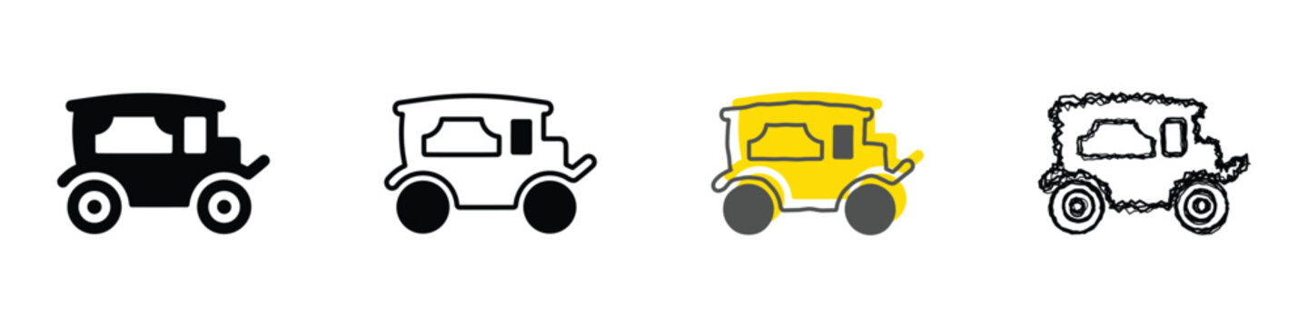 A collection of stylized icons representing a classic horse-drawn carriage, showcasing different artistic interpretations and color schemes