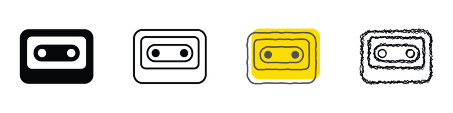 A set of four distinct graphic representations of a compact audio cassette tape, each rendered with unique artistic styles and color palettes
