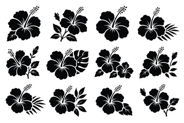 Tropical hibiscus flower silhouette collection featuring black Hawaiian floral vector elements with monstera and palm leaves isolated on a white background © MDBIPLOB